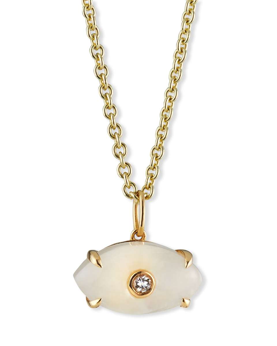 Carved Rainbow Moonstone and Diamond Evil Eye Charm Necklace